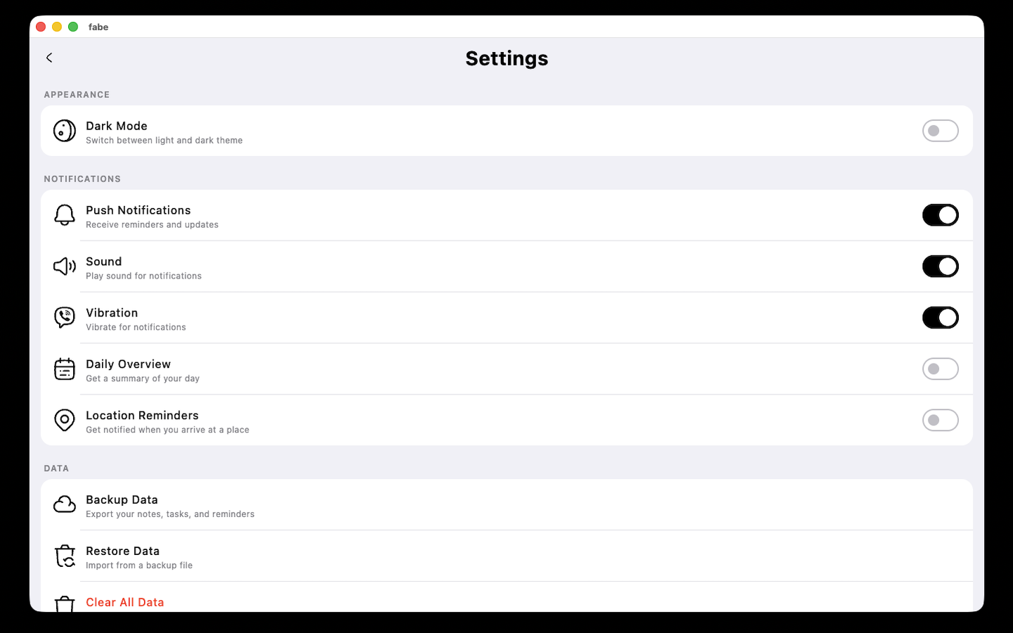 fabe settings on Mac