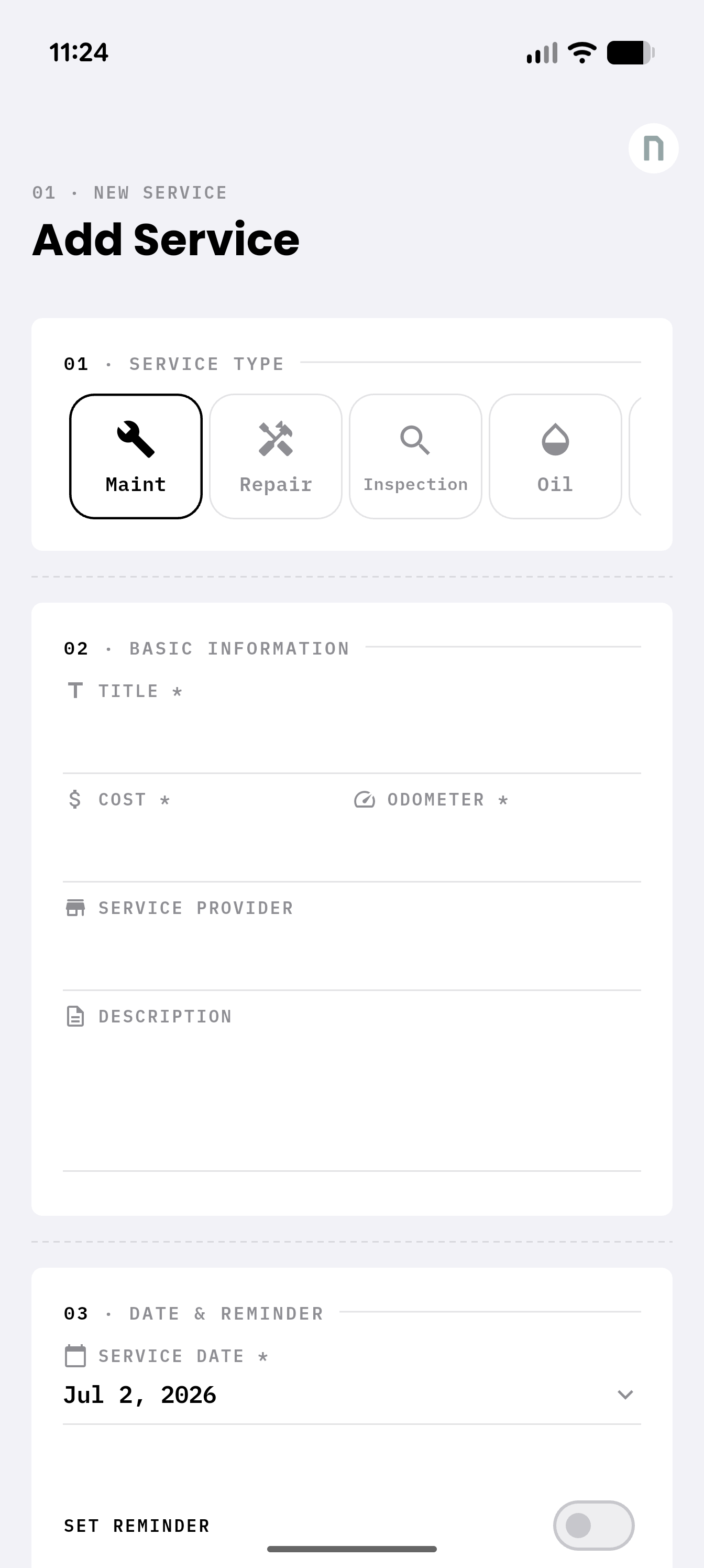 Maintenance tracking screenshot