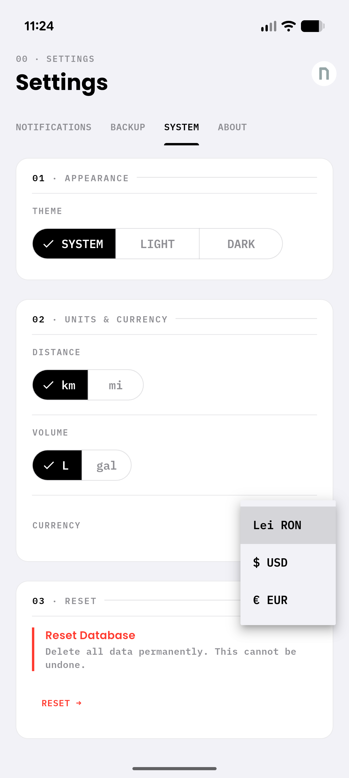 Vehicle profile screenshot