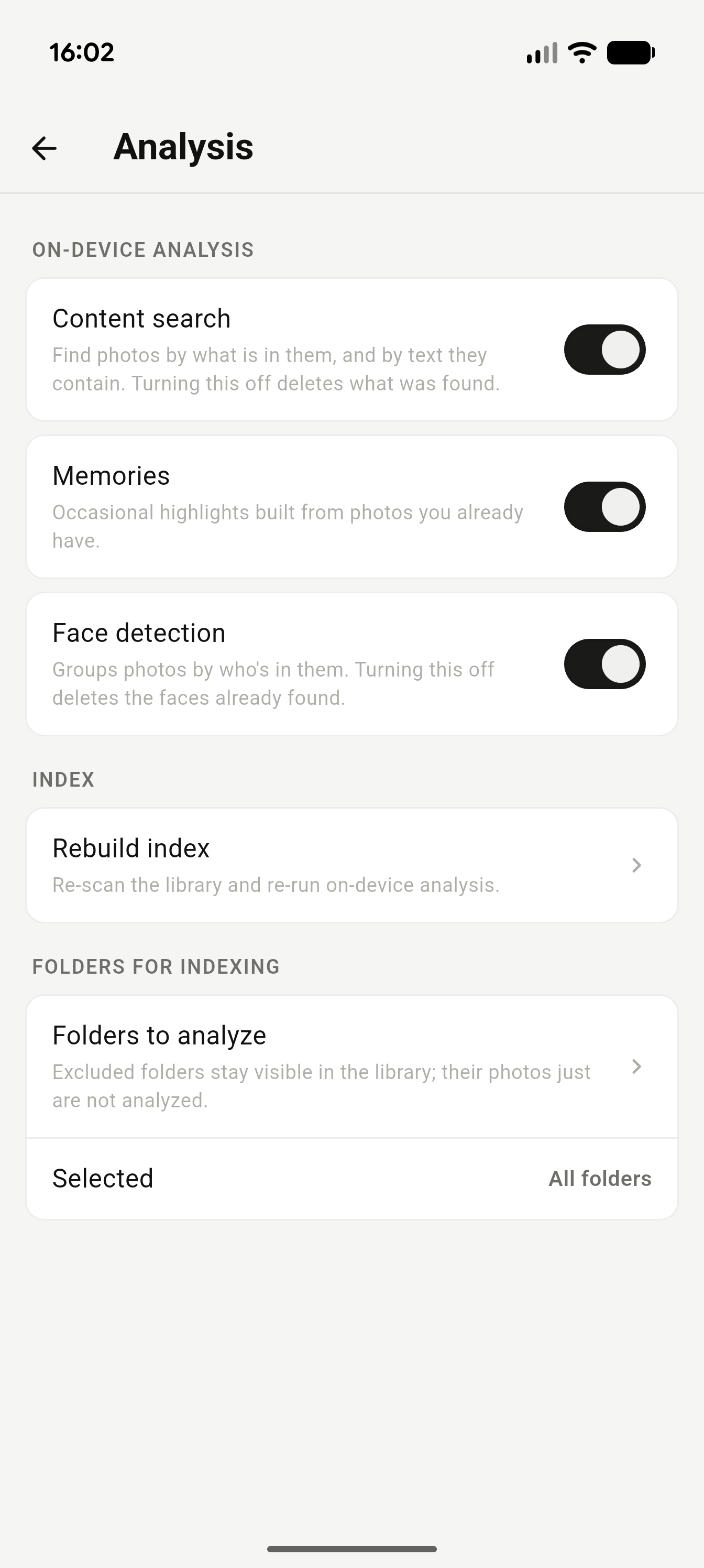 On-device analysis settings for search and face detection