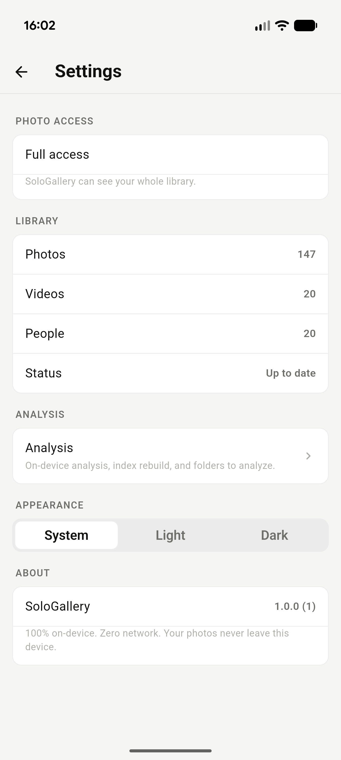 Main settings screen showing full photo access and library counts