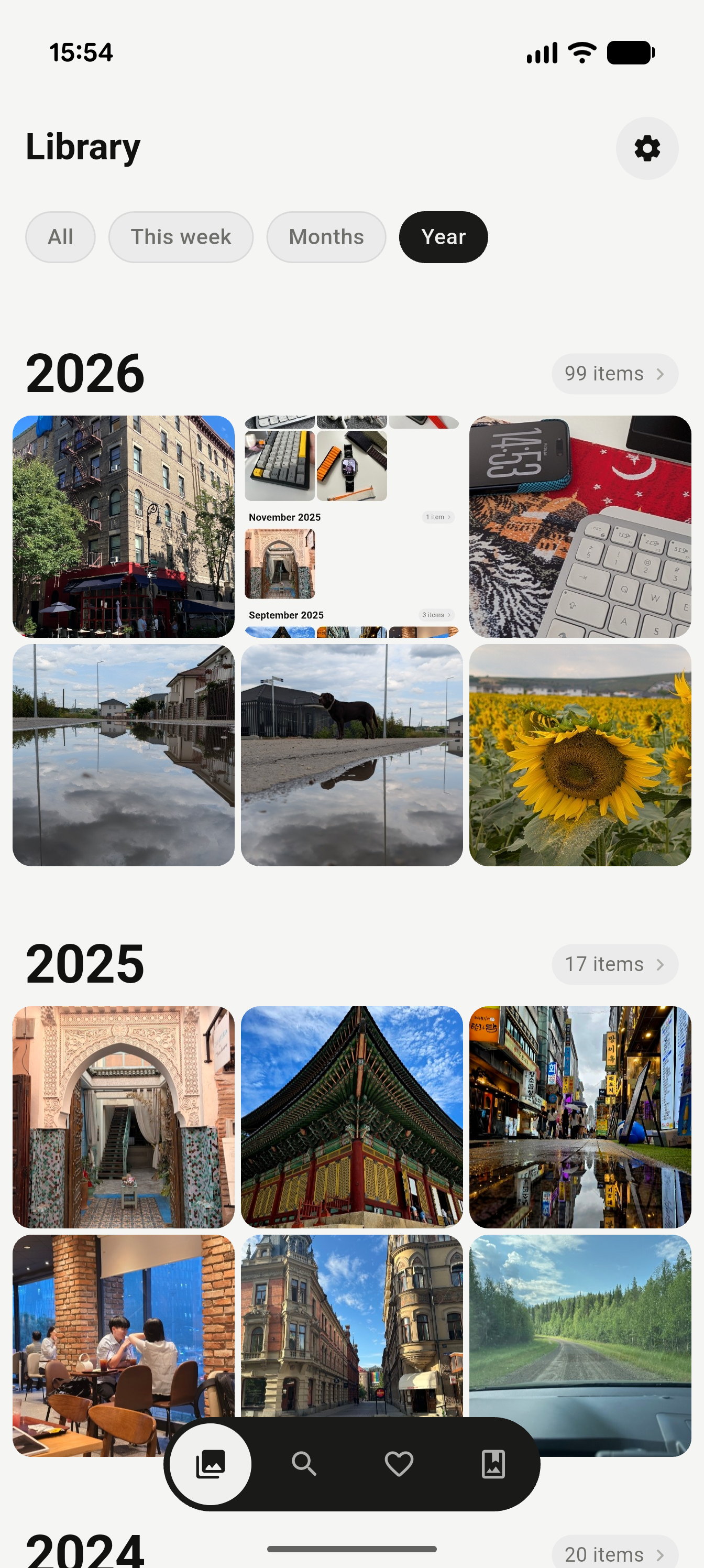 Library filtered by year with quick filters