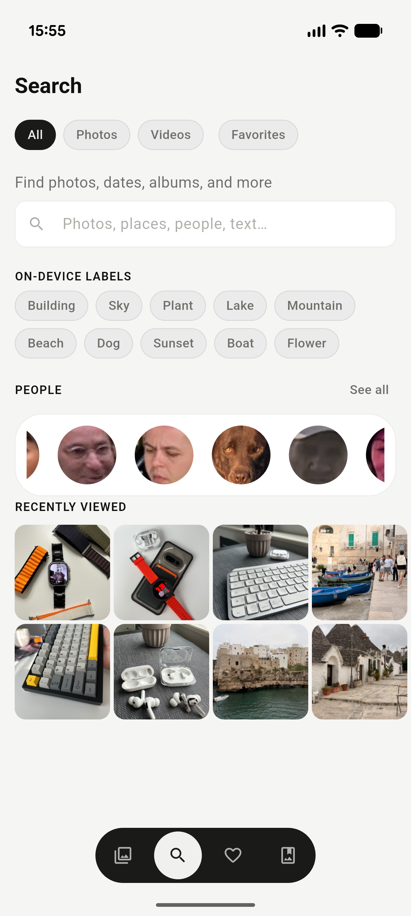 Search screen with on-device labels and people